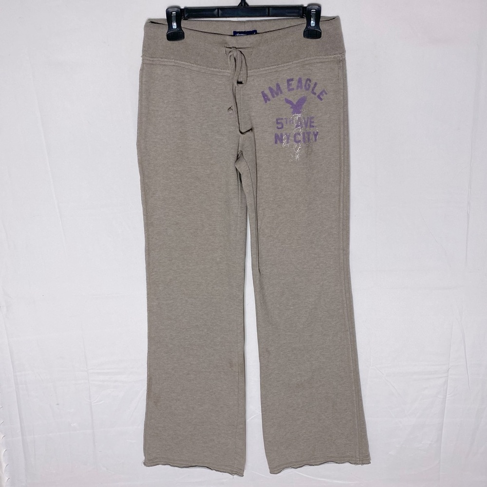 Vintage Y2K American Eagle Outfitters Wide Leg Tan Sweatpants W Purple Logo S